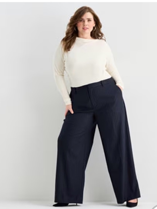 Ashley Graham Pants - Ashley Graham Navy Wide-Leg Pinstripe Trousers